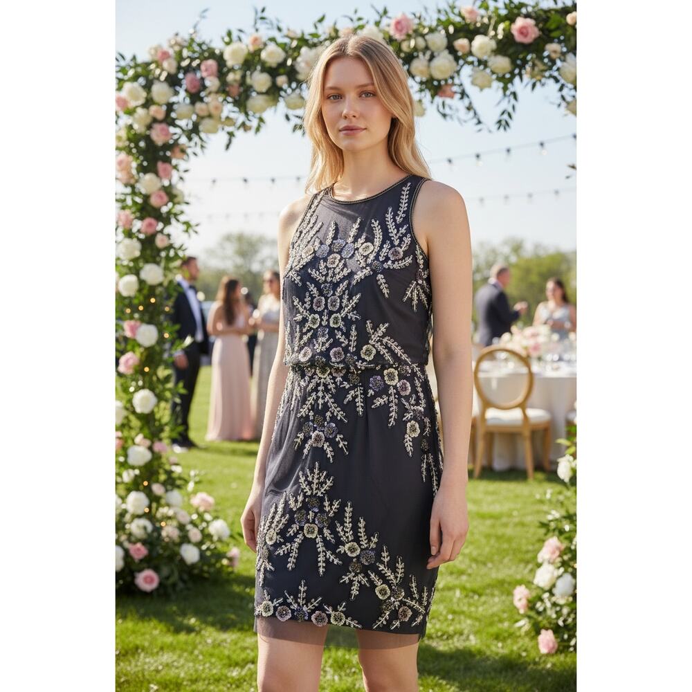 ADRIANNA PAPELL DRESS NAVY BLUE WEDDING GUEST COCKTAIL PARTY FLORAL EMBELLISHED
